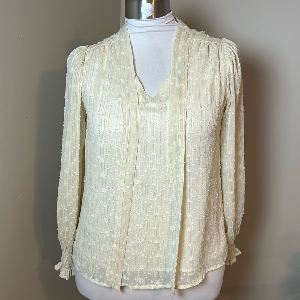 JADE Off White Cream Sheer Shimmer Long Sleeved Tie Neck Top Size Medium